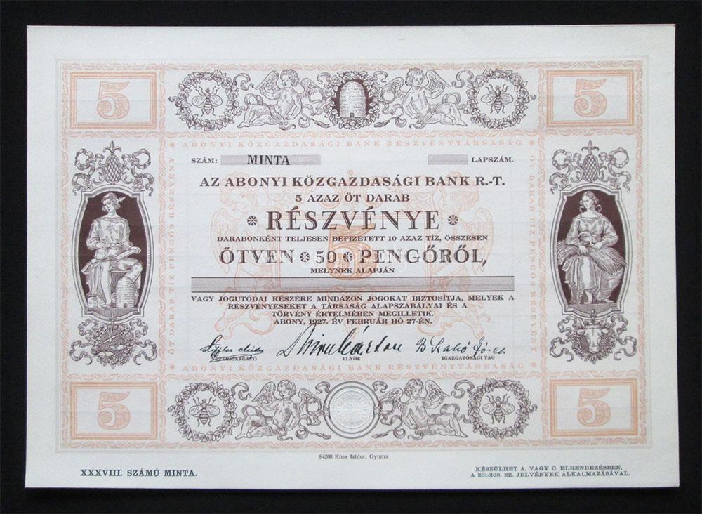 Abonyi Közgazdasági Bank részvény 5x10 pengő 1927 MINTA